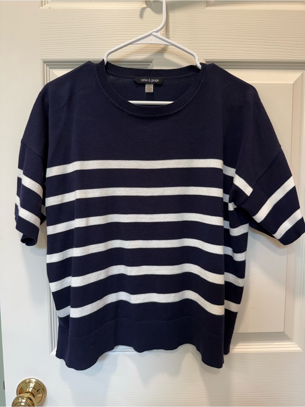 Cable & Gauge Navy and White Striped Short Sleeve Sweater Top